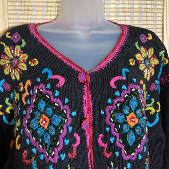 Work in Progress Classics Vintage 1990s Black Floral Knit Cardigan Sweater Large - Picture 6 of 16